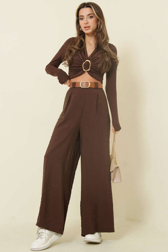 Loose Tencel Pants with Half Elastic Waist Brown