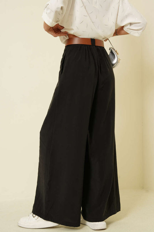 Loose Tencel Pants with Half Elastic Waist Black