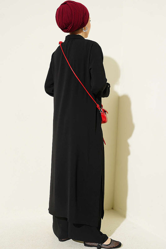 Ensemble Deux Pièces Noir À Boutons Et Mi-Long