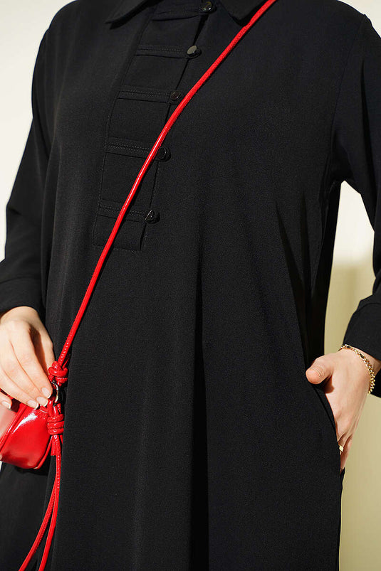 Ensemble Deux Pièces Noir À Boutons Et Mi-Long