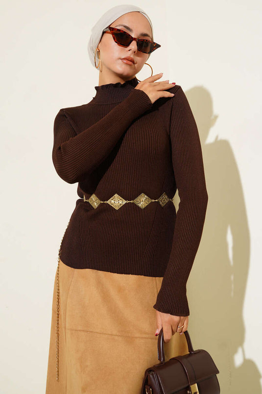 Yarım Boğazlı Balıkçı Triko Kazak Kahve