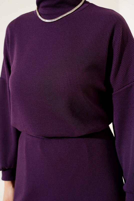 Tailleur Jupe à Cordon Demi-Cou Violet