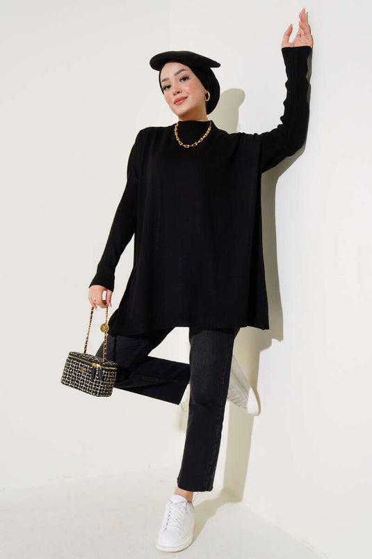 Yarım Boğazlı Kolu Fitilli Triko Tunik Siyah