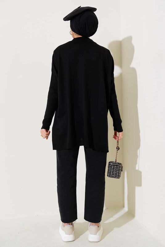 Yarım Boğazlı Kolu Fitilli Triko Tunik Siyah