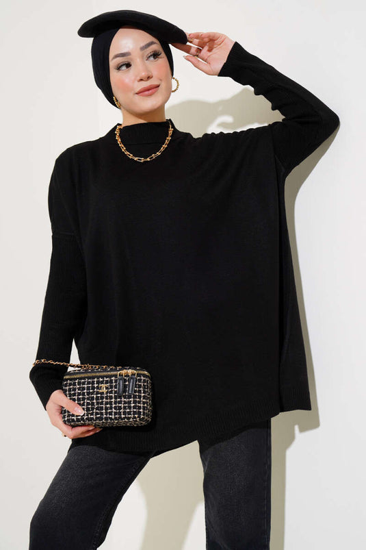 Half-Turtleneck Ribbed Sleeve Knitwear Tunic Black