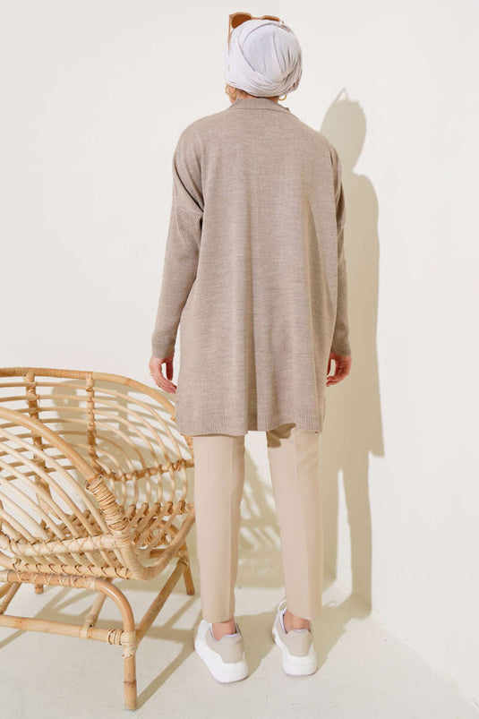 Yarım Boğazlı Kolu Fitilli Triko Tunik Vizon