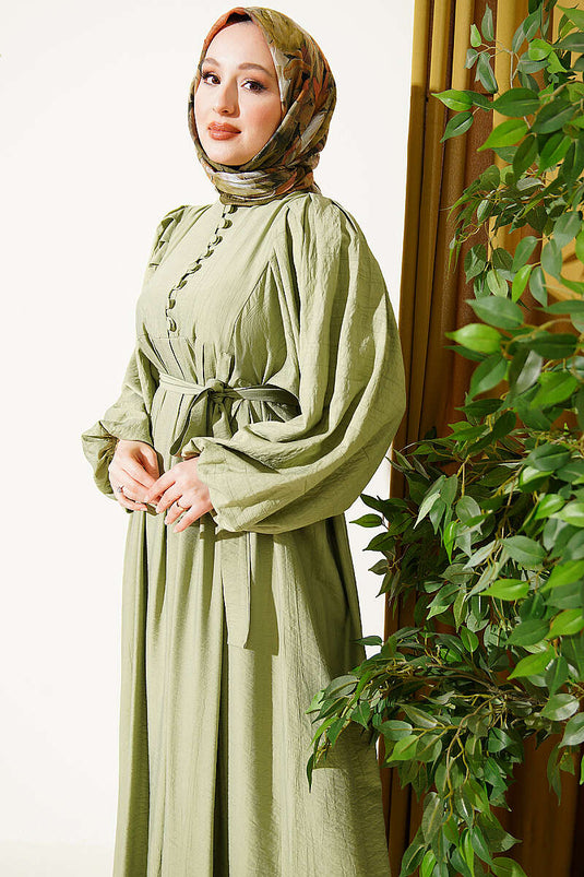 Robe à manches ballon avec boutons demi-Brit, vert avocat