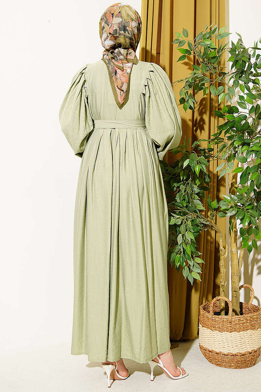 Robe à manches ballon avec boutons demi-Brit, vert avocat