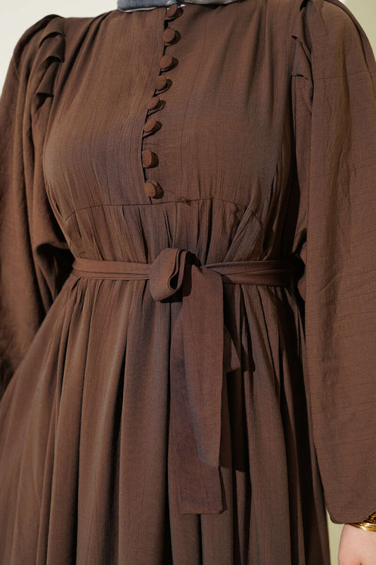 Half-Brit Buttoned Balloon Sleeve Dress Chestnut
