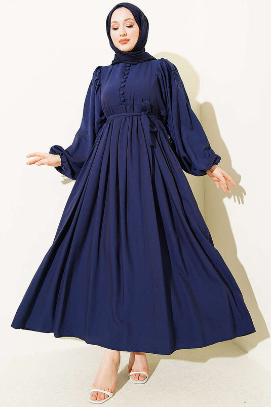 Robe à manches ballon avec boutons demi-Brit bleu marine