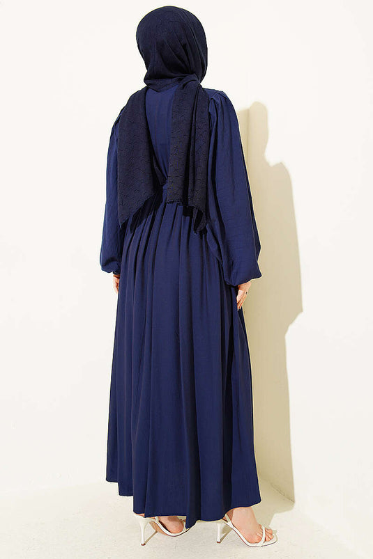 Robe à manches ballon avec boutons demi-Brit bleu marine