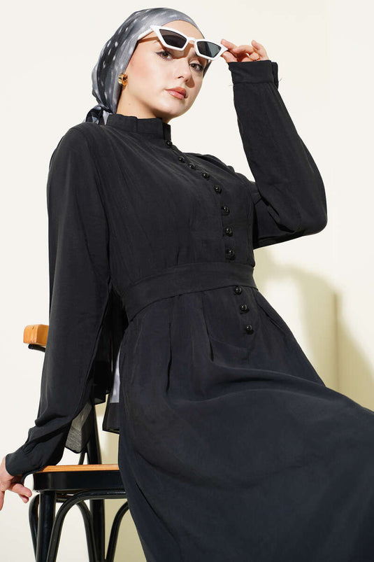 Half-Brit Buttoned Pleated Tencel Dress Black