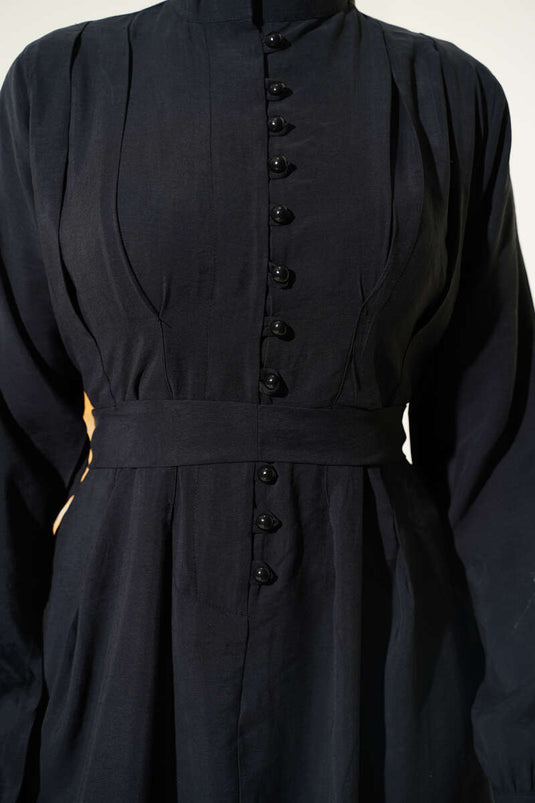 Half-Brit Buttoned Pleated Tencel Dress Black
