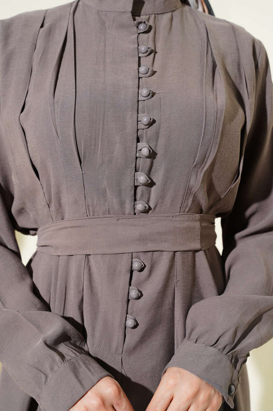 Half-Brit Buttoned Pleated Tencel Dress Mink