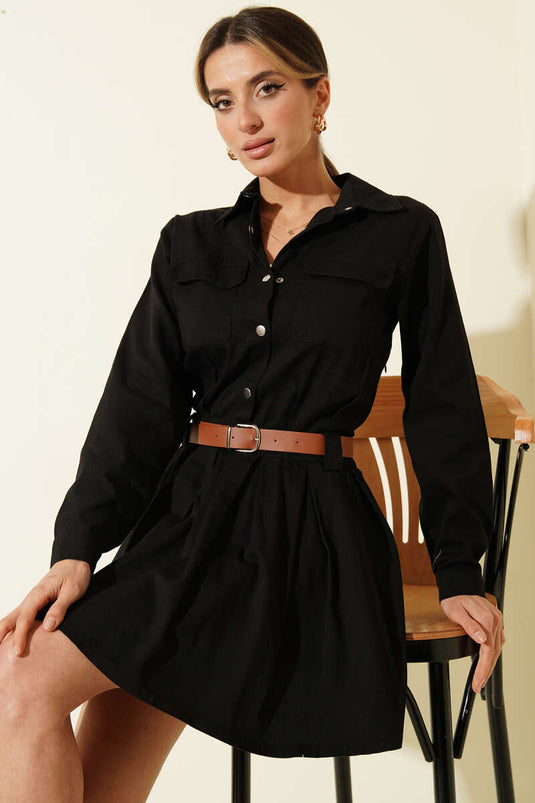Black Mini Dress with Half Snap Buttons, Belt, and Pleats