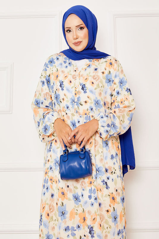 Kleid mit halber Knopfleiste und detailliertem Blumenmuster, Indigo