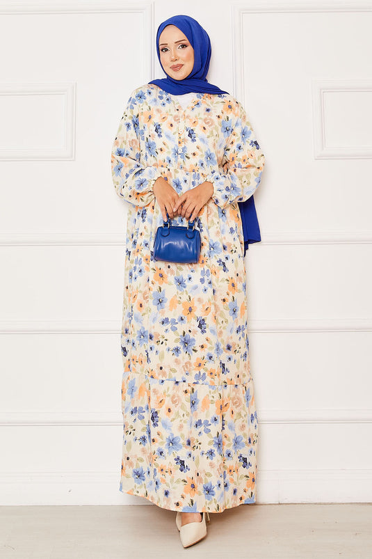 Kleid mit halber Knopfleiste und detailliertem Blumenmuster, Indigo