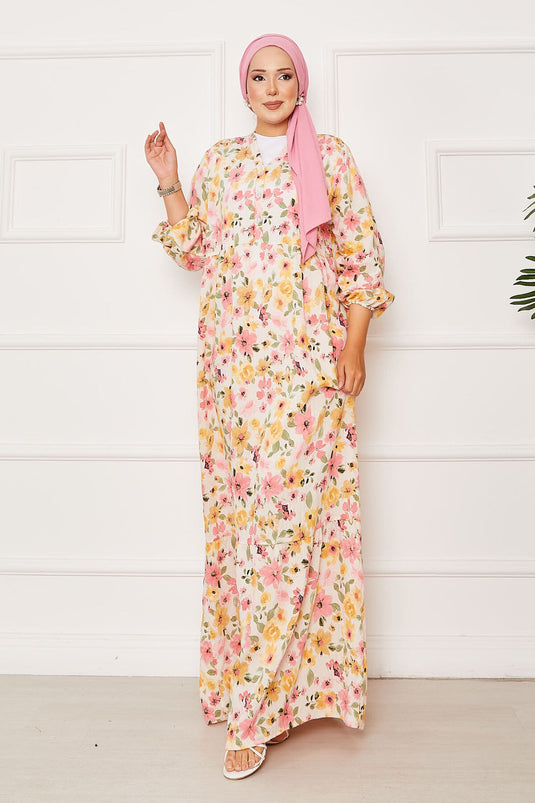 Yarım Düğme Detaylı Çiçek Desenli Elbise Pembe