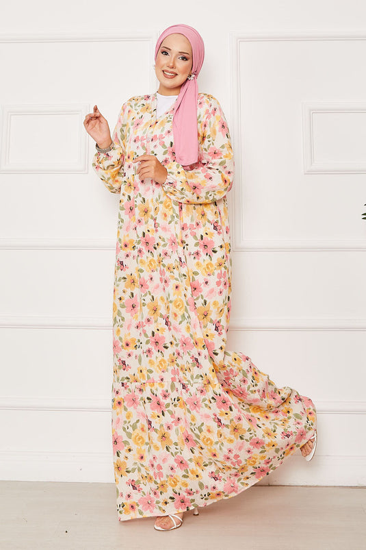 Yarım Düğme Detaylı Çiçek Desenli Elbise Pembe