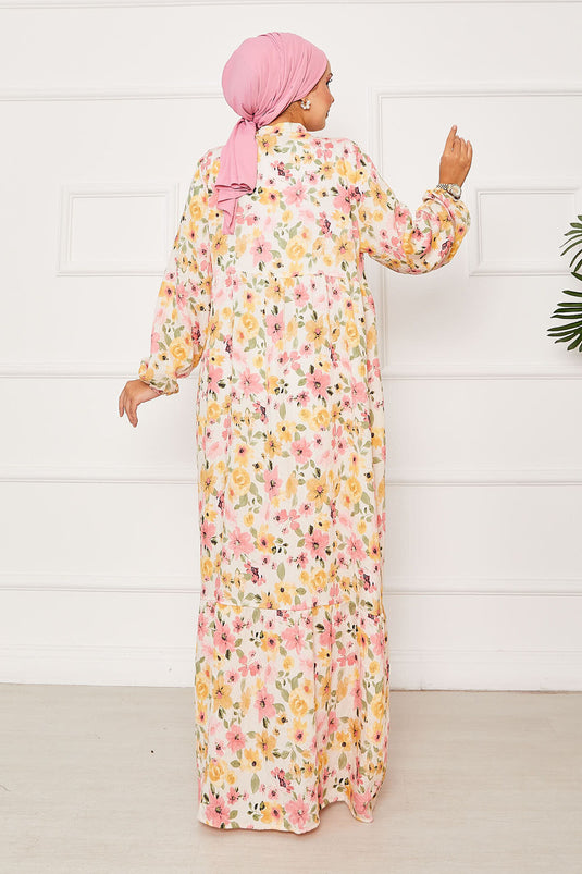 Yarım Düğme Detaylı Çiçek Desenli Elbise Pembe