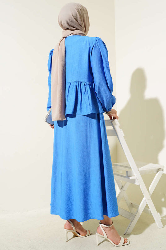 Half Buttoned Laced Skirted Two Piece Suit Saxe