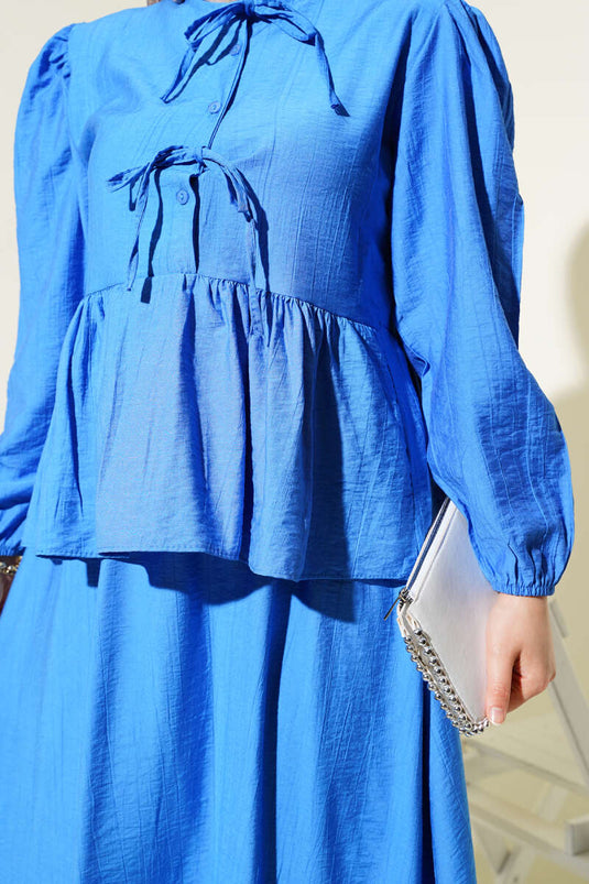 Half Buttoned Laced Skirted Two Piece Suit Saxe