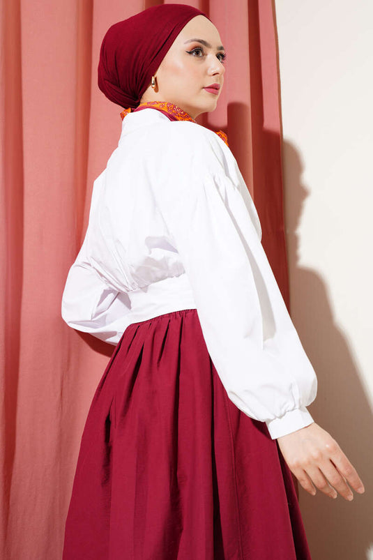 Half Buttoned Tie Short Shirt White