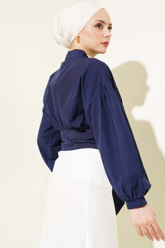 Half Buttoned Tie Short Shirt Navy Blue