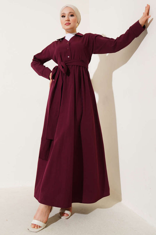 Kleid aus Frottee-Baumwolle mit halber Knopfleiste, Burgunderrot