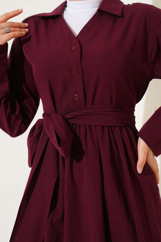 Kleid aus Frottee-Baumwolle mit halber Knopfleiste, Burgunderrot