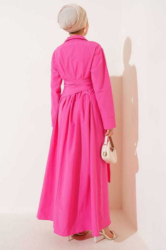 Robe en coton éponge fuchsia à demi-boutons et liens à nouer