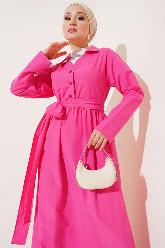 Robe en coton éponge fuchsia à demi-boutons et liens à nouer