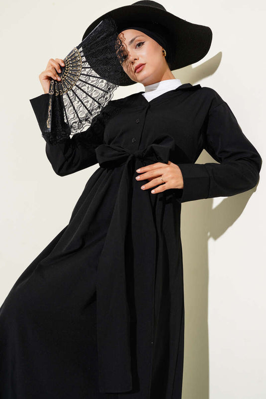 Half Buttoned Tied Terikoton Dress Black