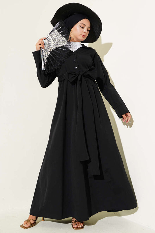 Half Buttoned Tied Terikoton Dress Black