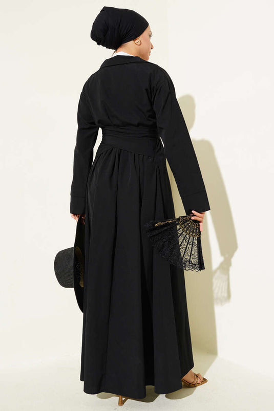 Half Buttoned Tied Terikoton Dress Black