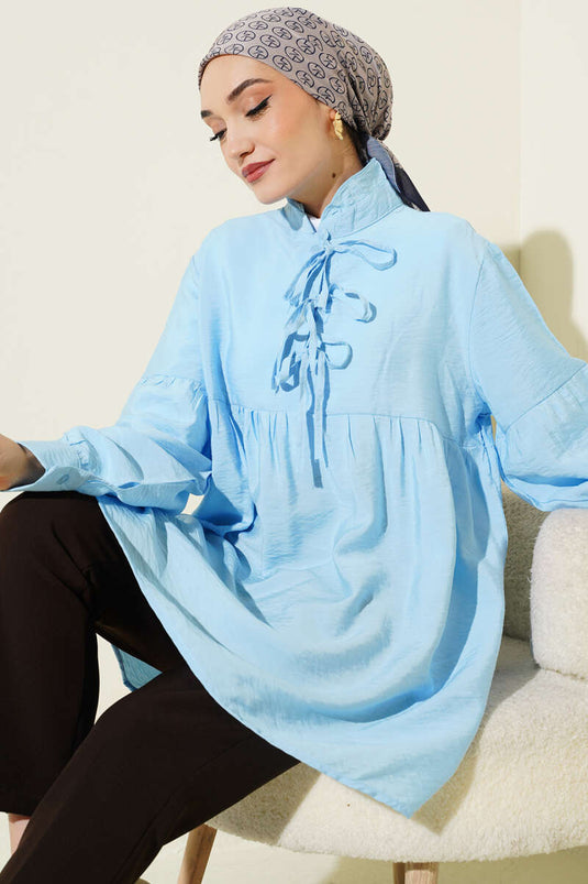 Half-Button Tie Tunic Blue