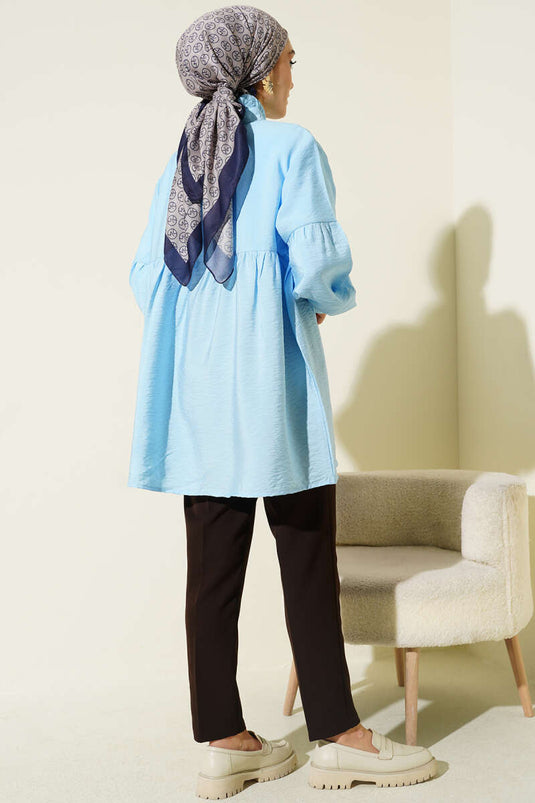Half-Button Tie Tunic Blue