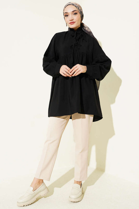 Half-Button Tie-Front Tunic Black