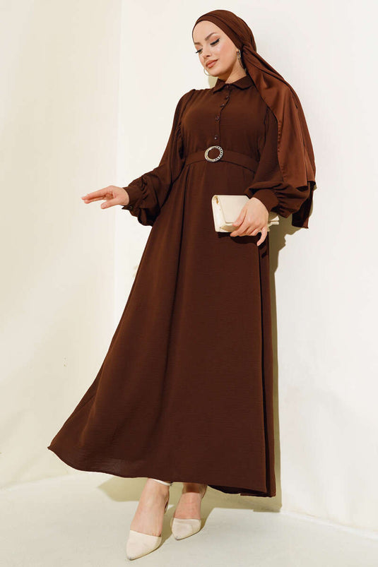 Yarım Düğmeli Balon Kol Kemerli Elbise Kahve