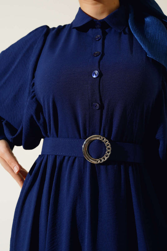 Yarım Düğmeli Balon Kol Kemerli Elbise Lacivert