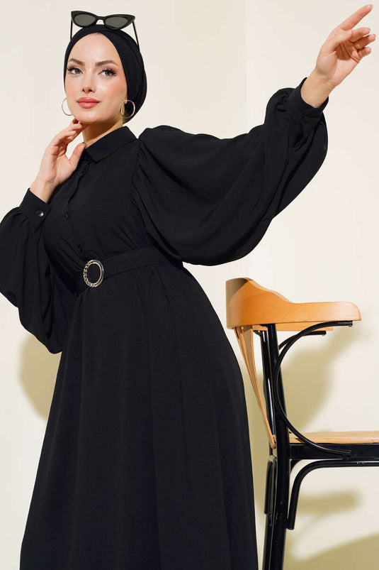 Half Buttoned Balloon Sleeve Belted Dress Black