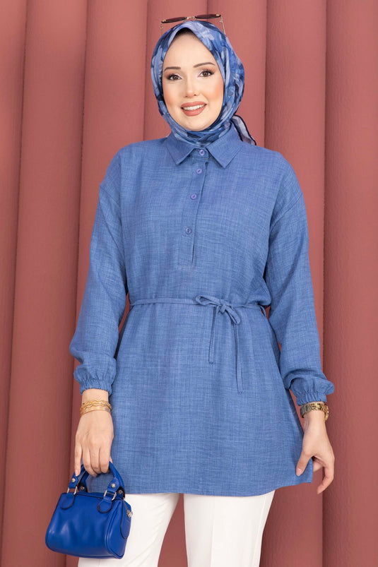Tunique indigo à ceinture taille haute avec demi-boutons