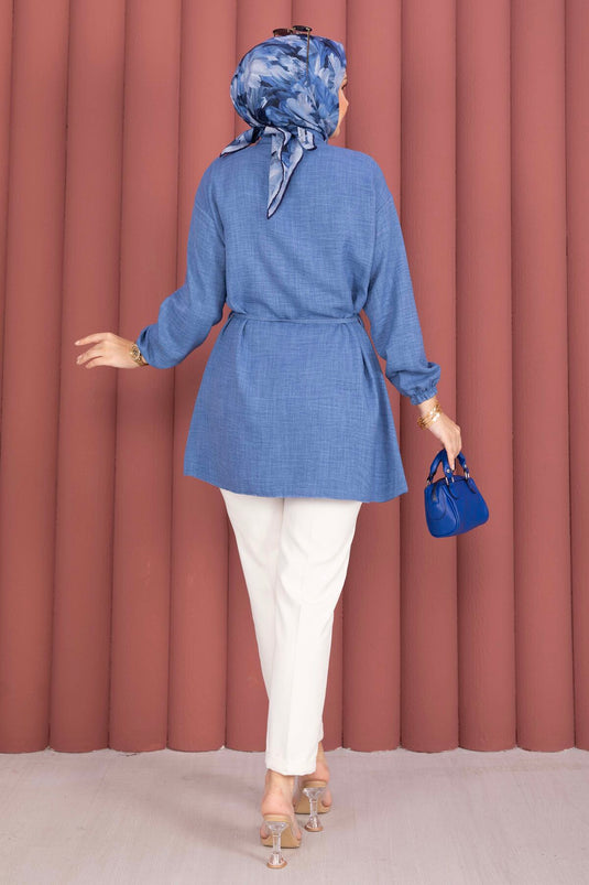 Tunique indigo à ceinture taille haute avec demi-boutons