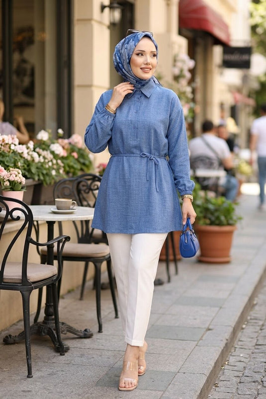 Tunique indigo à ceinture taille haute avec demi-boutons