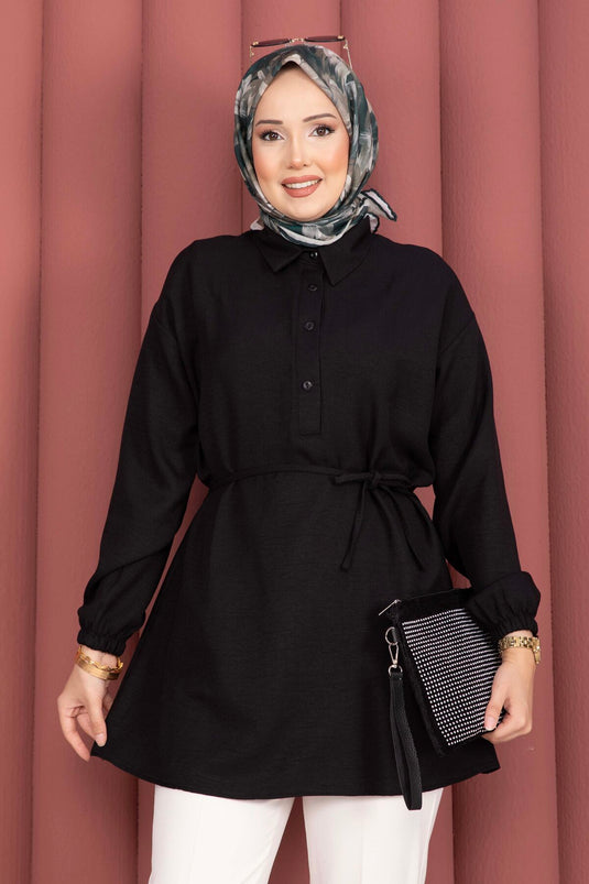 Tunique noire à ceinture nouée à la taille avec demi-boutons