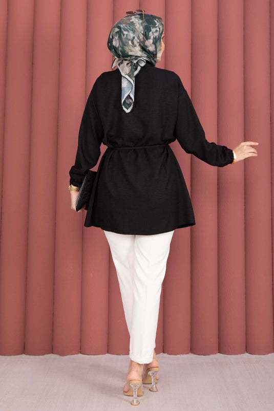 Tunique noire à ceinture nouée à la taille avec demi-boutons