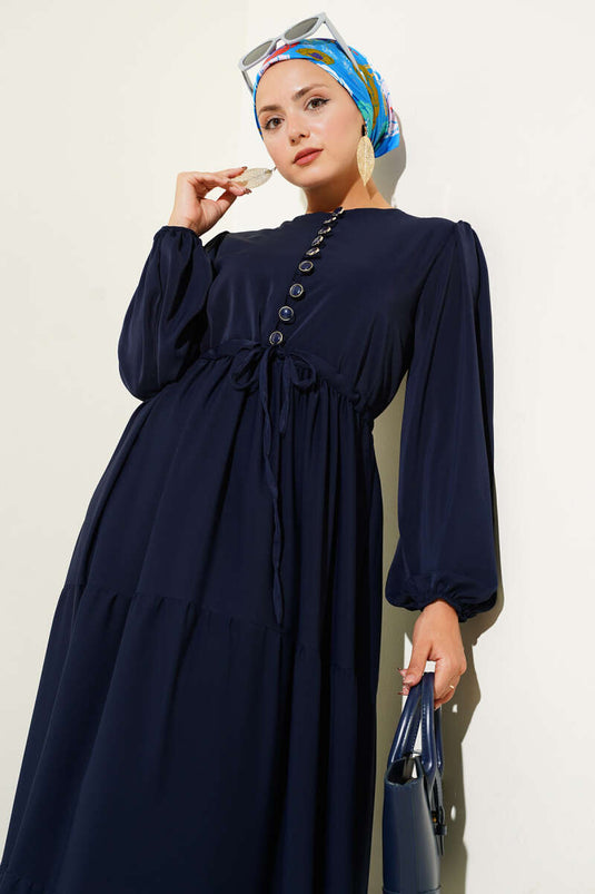 Robe tunnel à taille demi-boutonnée bleu marine