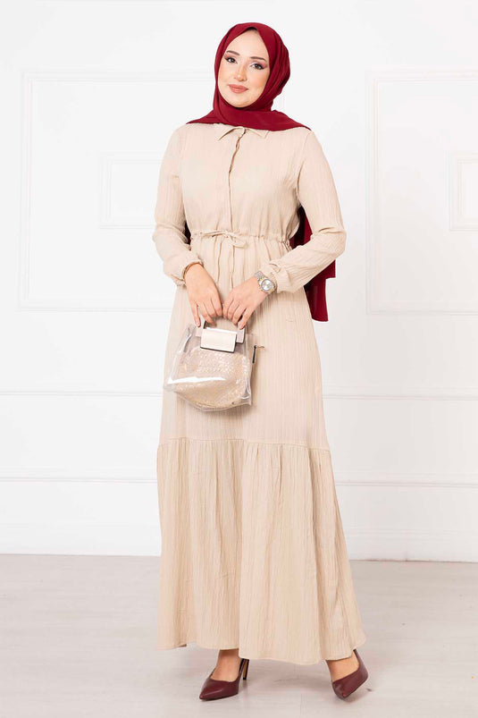 Half Buttoned Waist Pleated Hijab Dress Beige