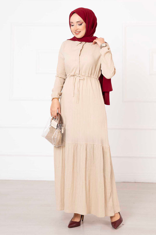 Half Buttoned Waist Pleated Hijab Dress Beige