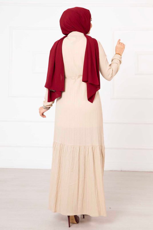 Half Buttoned Waist Pleated Hijab Dress Beige